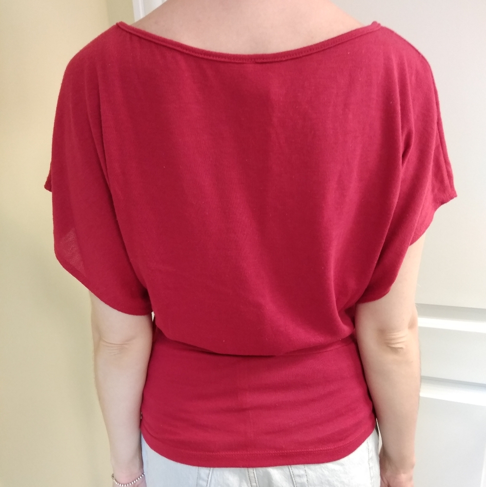 Gaby Short Sleeve Red Sweater Tie Waist Drop Waist Top Ladies Size Small - Picture 2 of 4